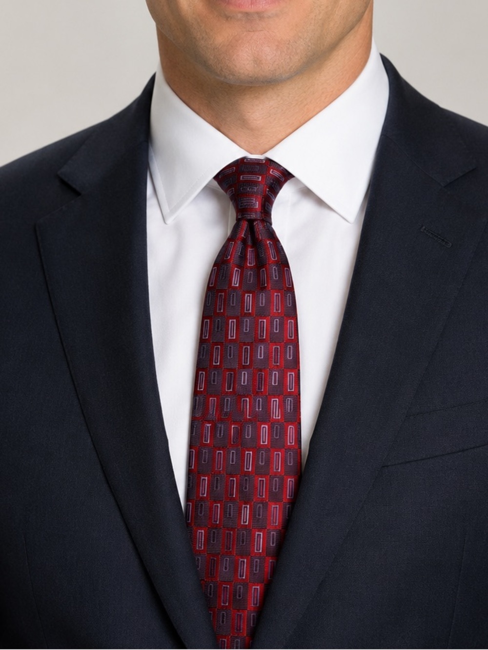 Elevee Collection Men’s 100% Silk Tie Red Burgundy Geometric Necktie Made Korea